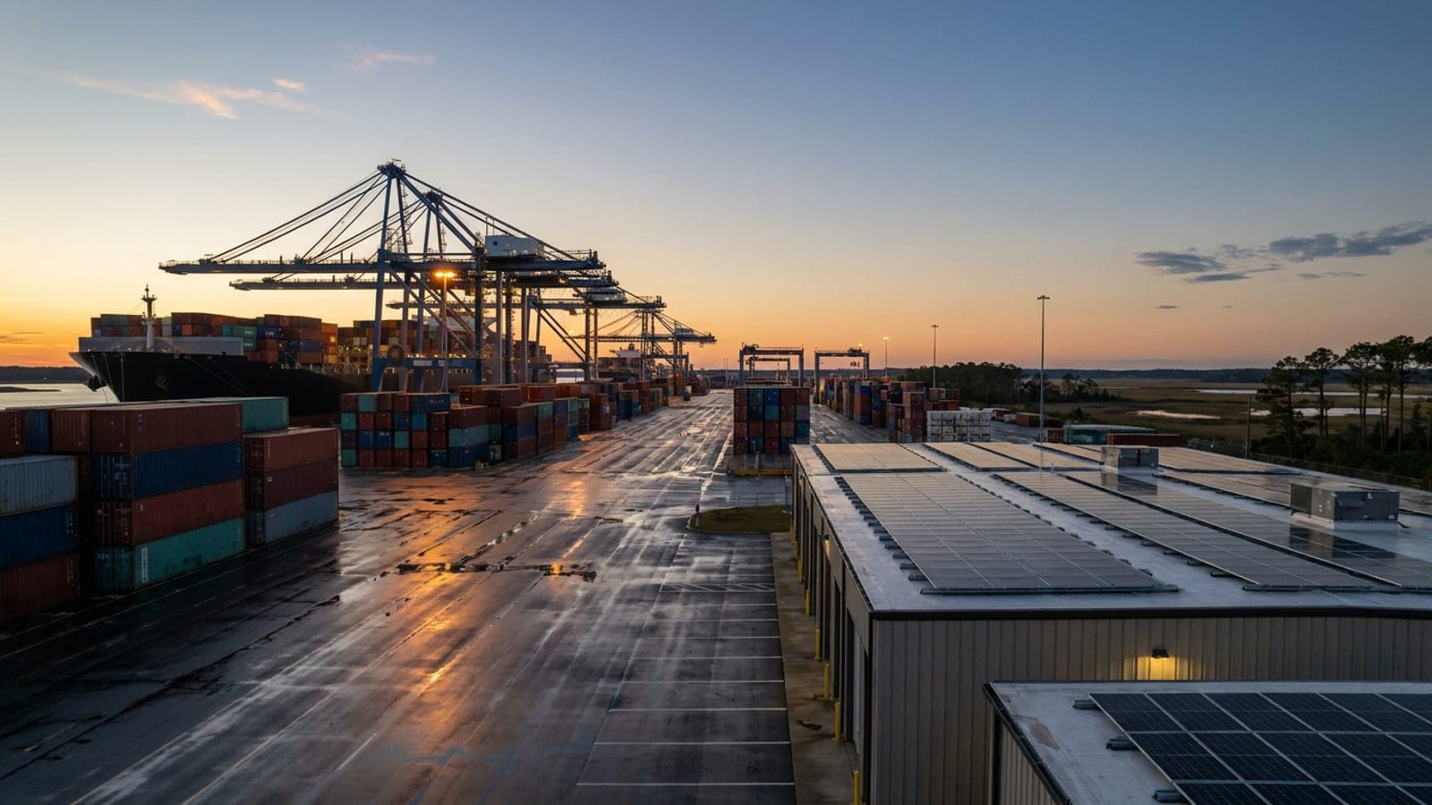 Shipping containers stacked at a Southeast port terminal at dusk with a gantry crane and a cargo ship behind them