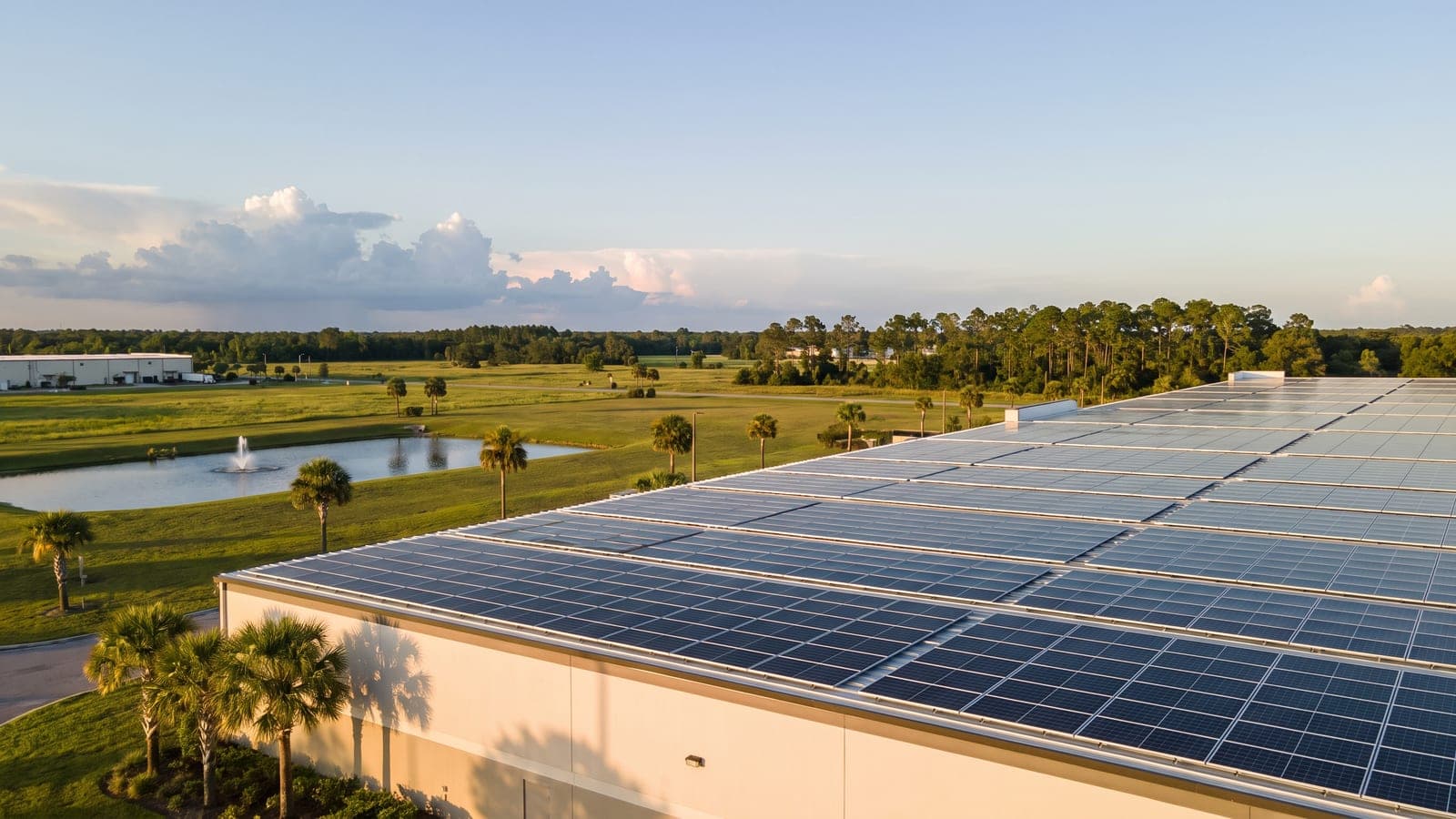 Rooftop solar array on a retail and warehouse building in central Florida, with palms, a retention pond and afternoon storm clouds