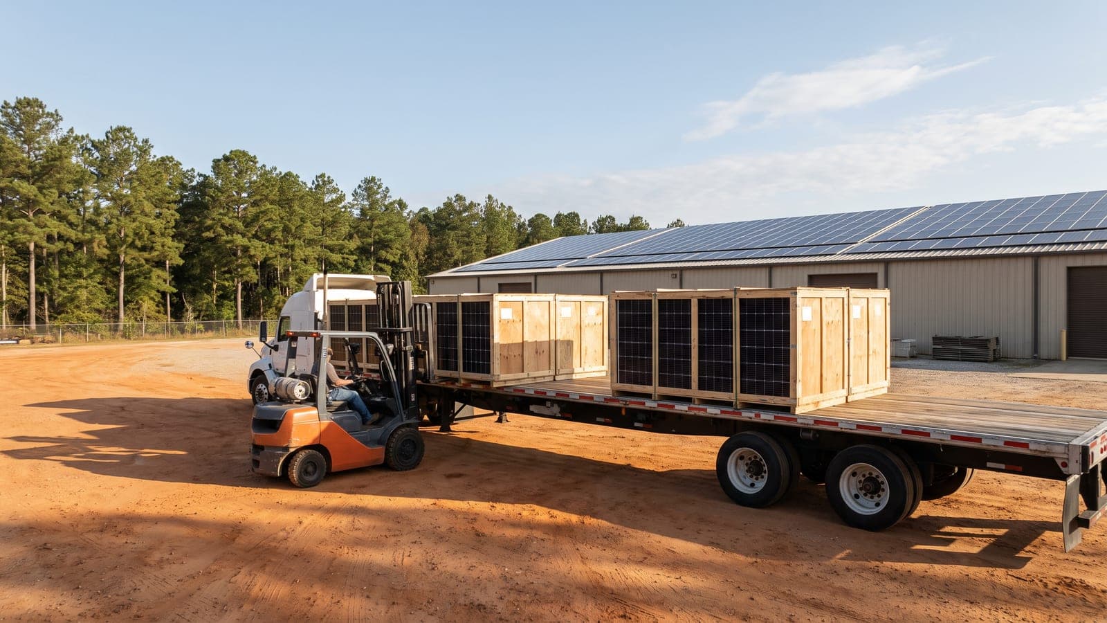 Crated solar modules being unloaded from a flatbed truck at a commercial site in Georgia, with a warehouse roof array behind