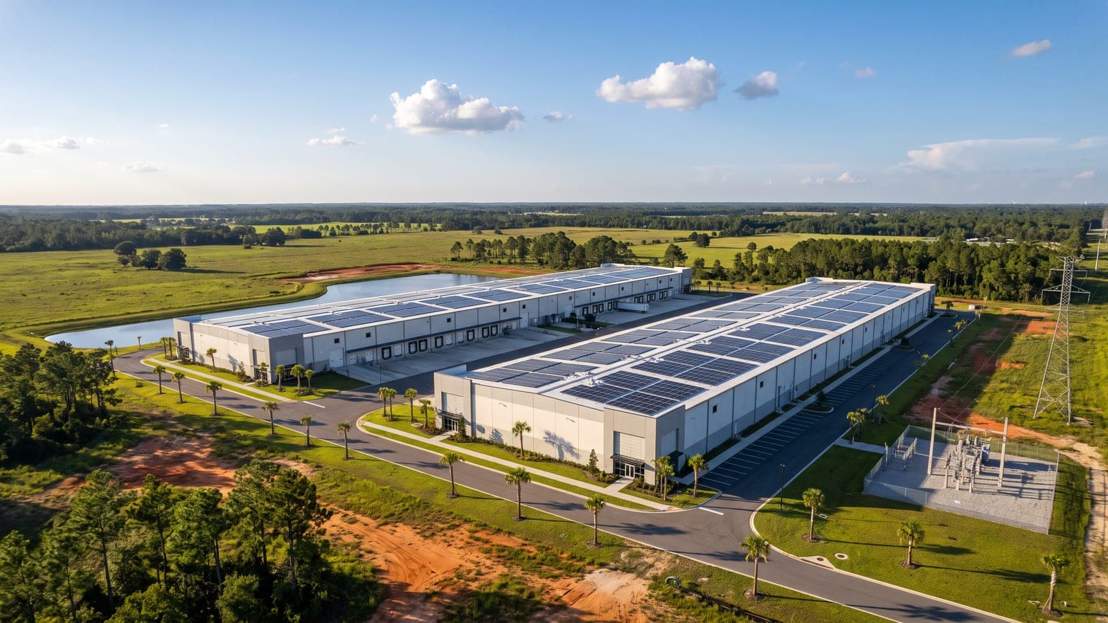 Warehouse and light industrial park in central Florida with rooftop solar, transmission lines and a substation at the edge of the property