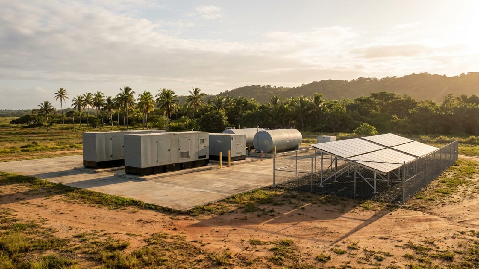Generator enclosures and fuel tanks on a concrete pad beside a fenced solar array on flat coastal ground in Puerto Rico