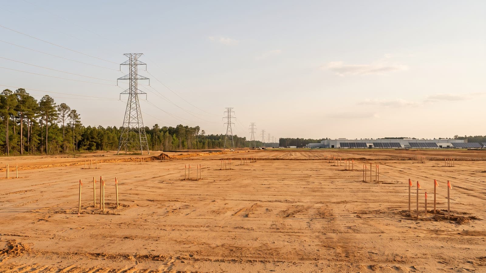 Cleared industrial site in the North Carolina sandhills with transmission towers and a manufacturing plant with rooftop solar in the distance