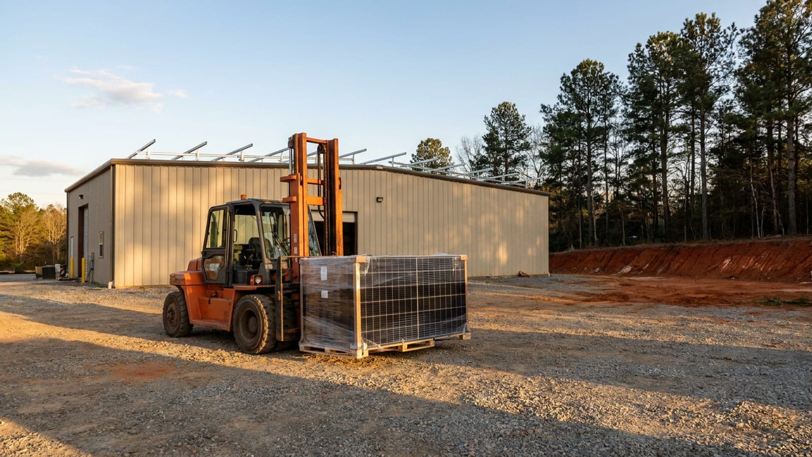Unmarked pallets of solar modules being unloaded by forklift beside a commercial building in Georgia, with racking already on the roof