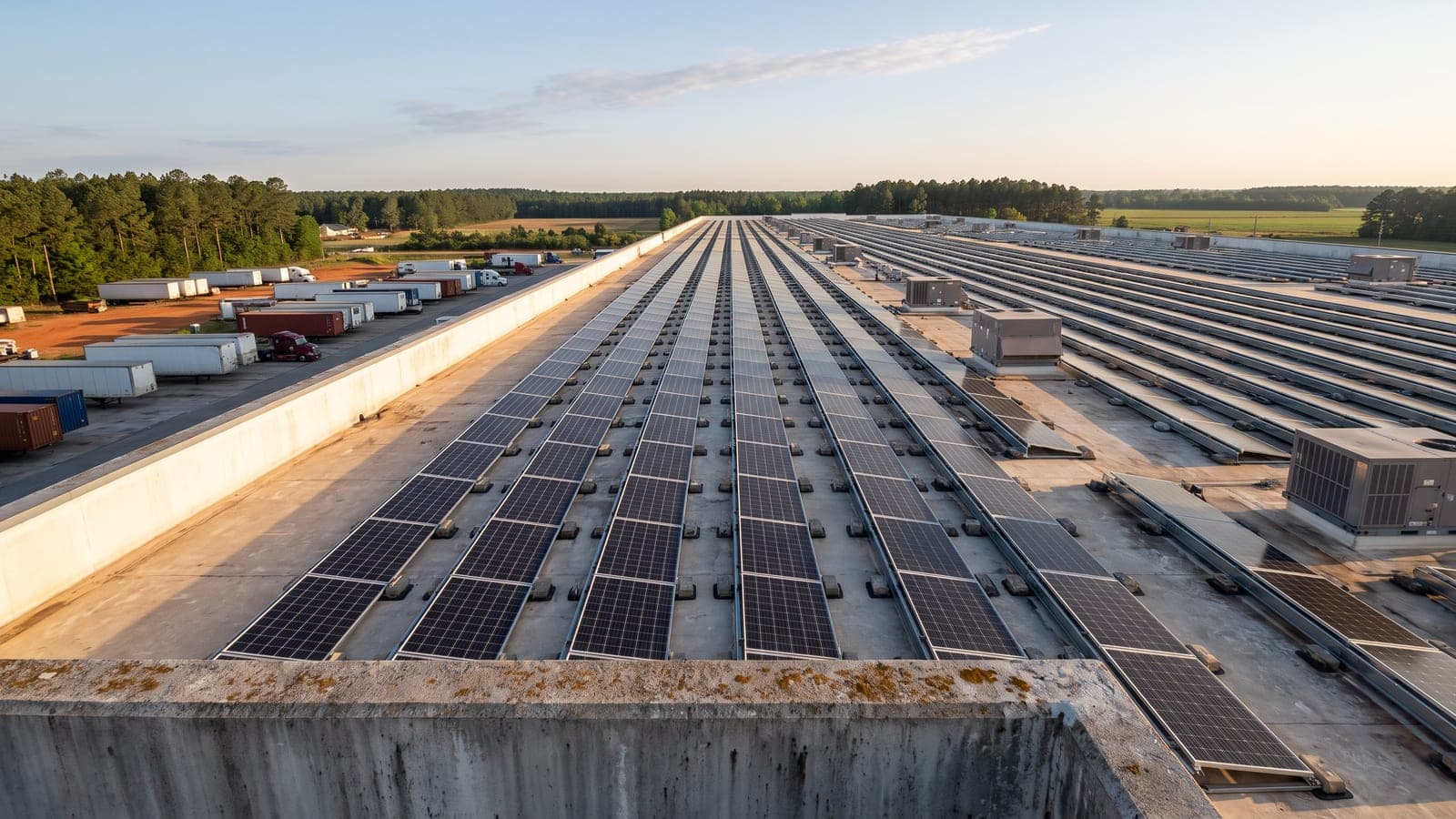 Rooftop solar array on a distribution warehouse in south Georgia seen from the parapet in early morning light