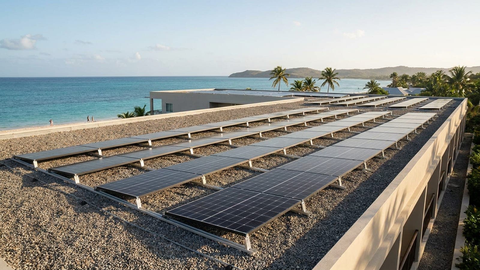 Solar modules on the flat roof of a Caribbean commercial building with the sea behind