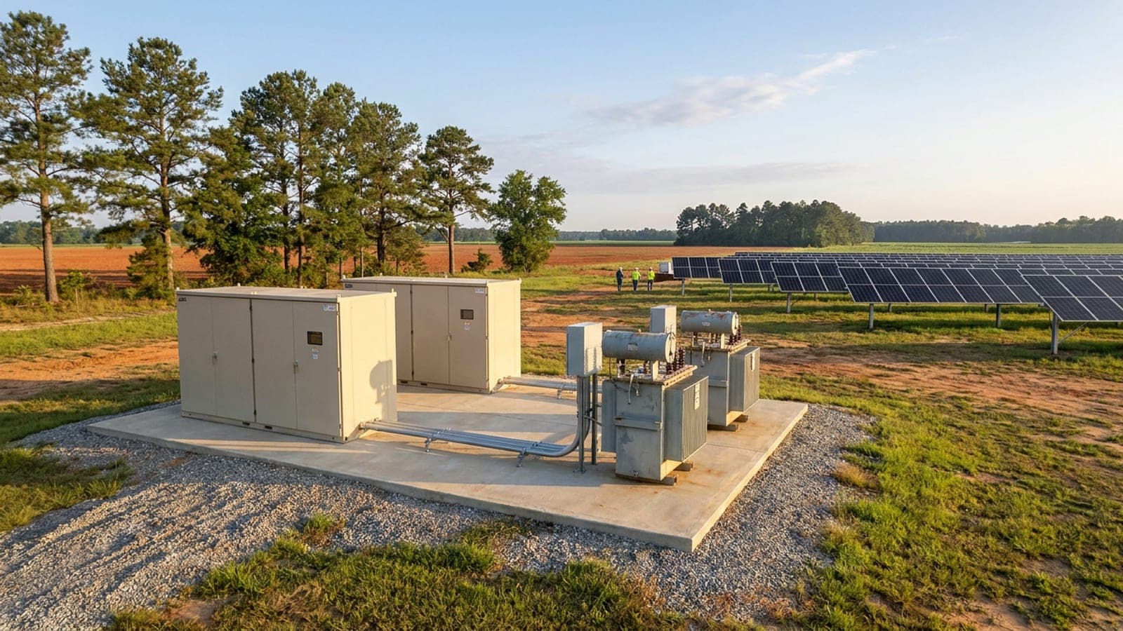 Outdoor commercial battery storage cabinets on a concrete pad next to utility transformers