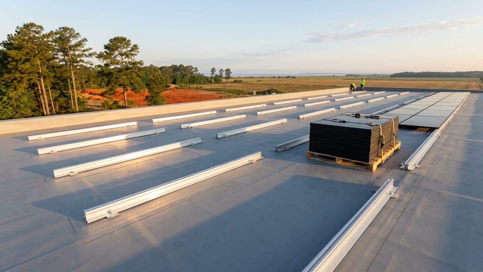 Aluminum racking rails and a strapped pallet of solar modules on a commercial flat roof partway through installation