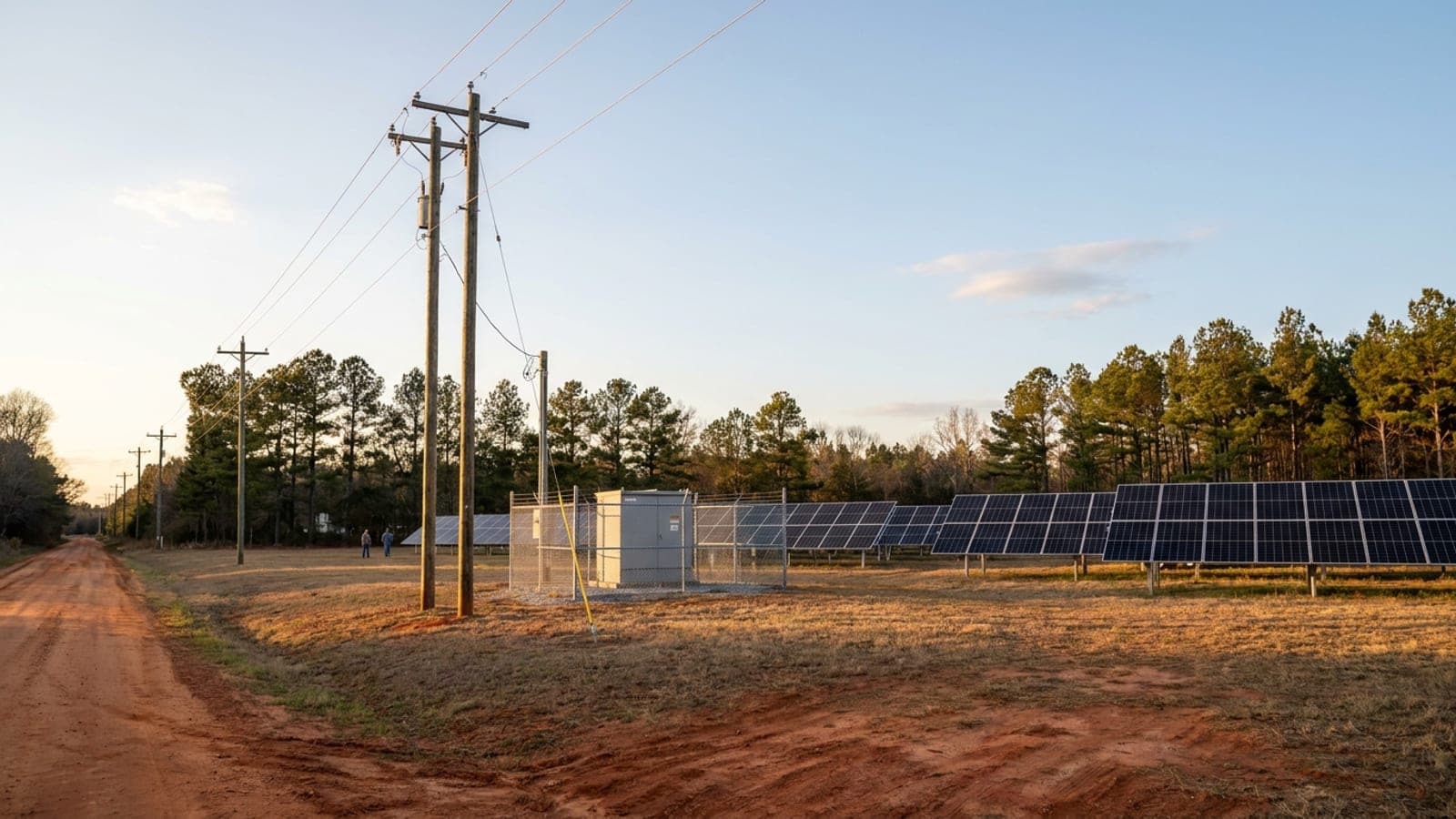 Medium-voltage distribution lines on wooden poles running toward a small rural substation