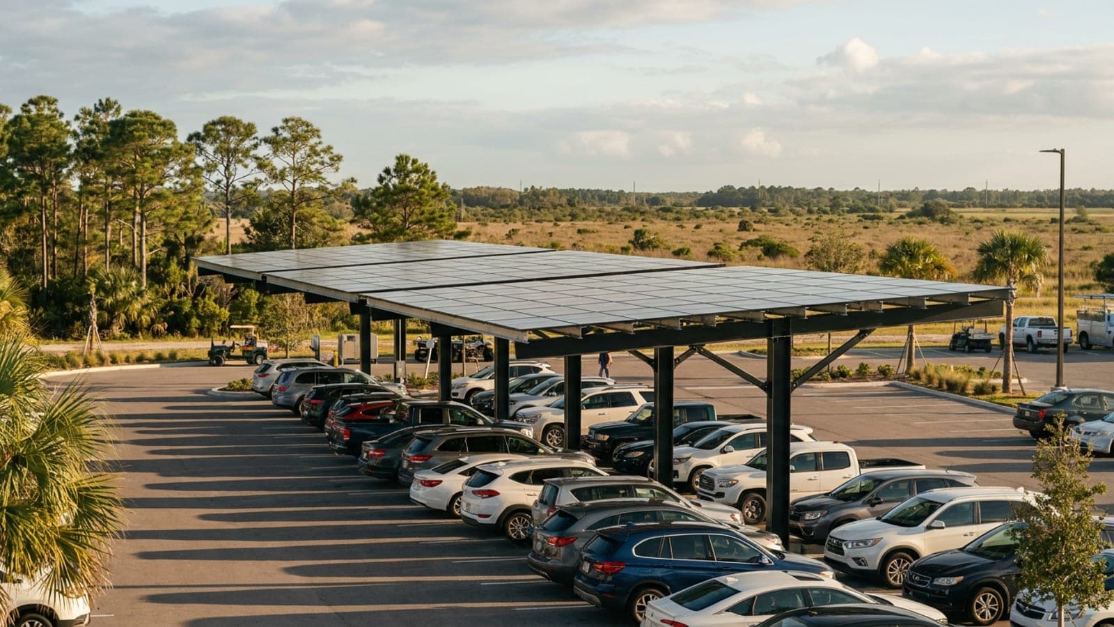 Solar carport canopy covering rows of parked cars at a Florida commercial property