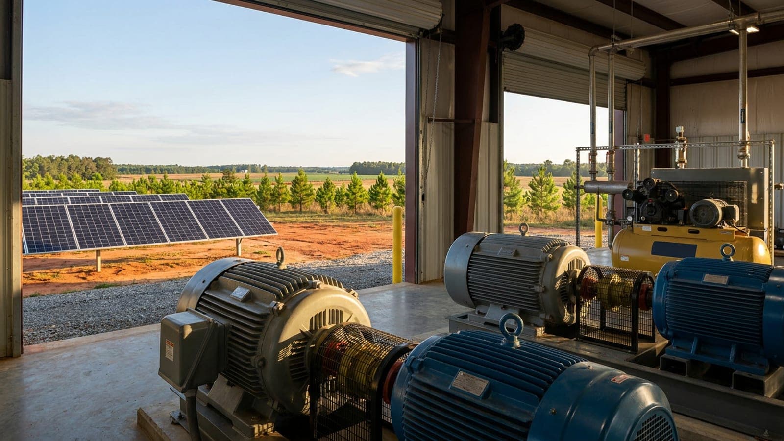 Large industrial electric motors and an air compressor skid inside a manufacturing plant