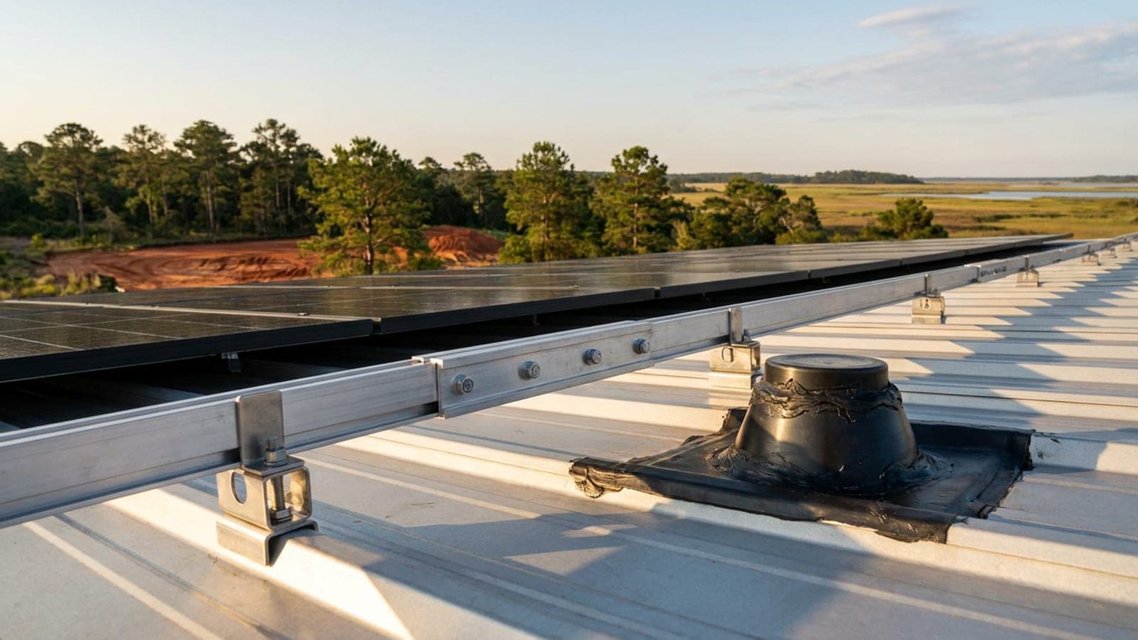 Close detail of stainless clamps, bolted rail splices and a sealed roof penetration on a solar array