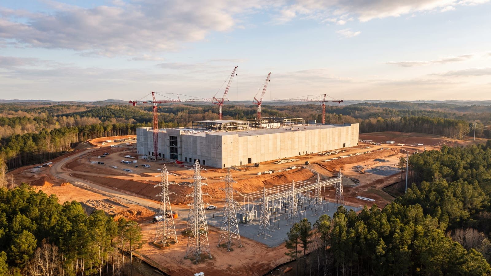 New high-voltage transmission towers beside a large windowless data center under construction in the North Carolina Piedmont