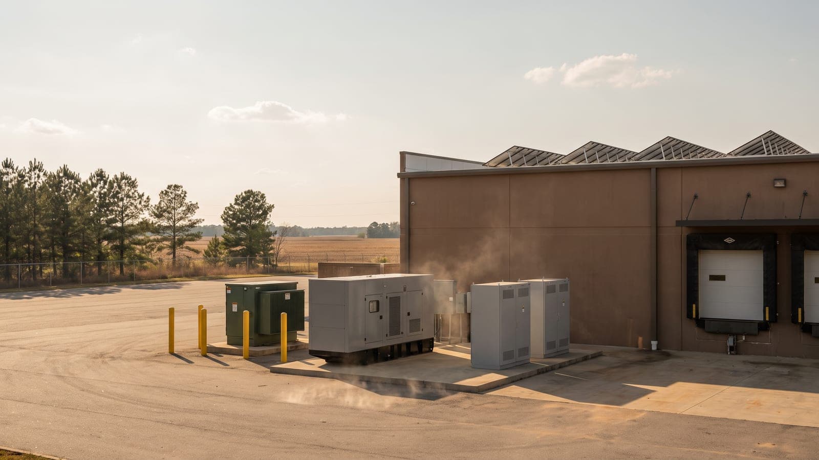 Standby generator and battery cabinets on a concrete pad behind a distribution center in the Carolinas under a hazy summer sky