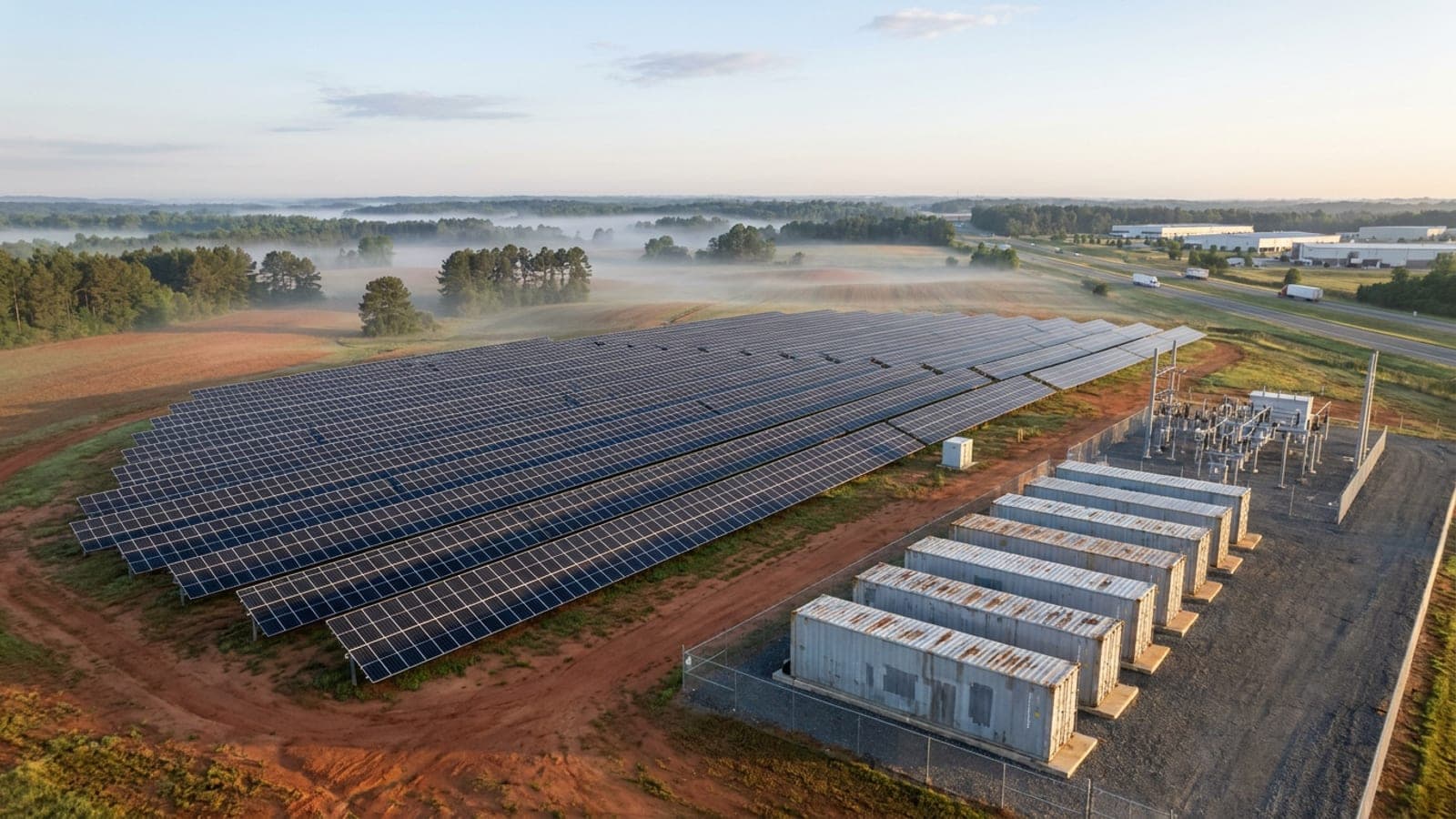 Aerial view of a utility-scale solar farm and battery containers beside a substation on rolling farmland in the Carolinas