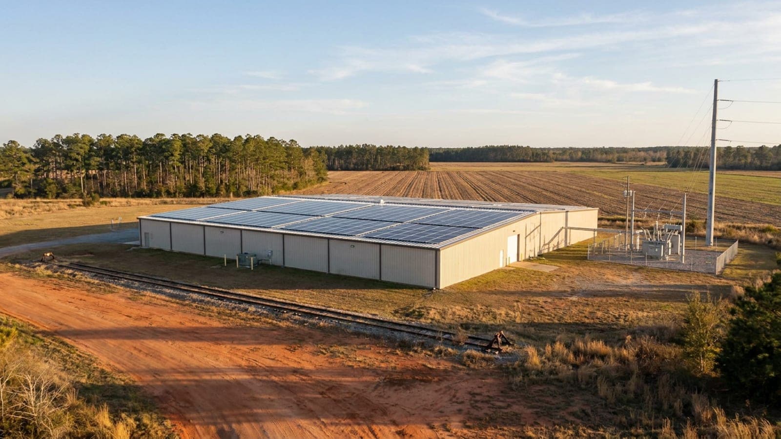 Rooftop solar array on a food processing plant beside a utility substation in the South Carolina Pee Dee region