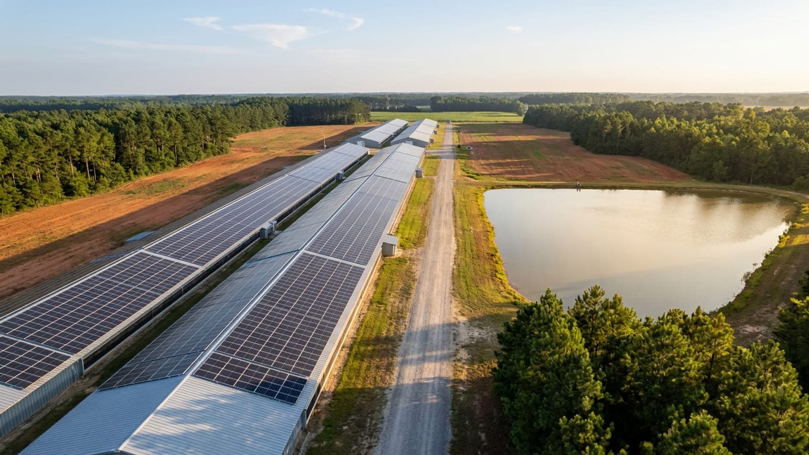 Aerial view of solar modules covering the roofs of a row of poultry houses on a farm in eastern North Carolina in late afternoon light