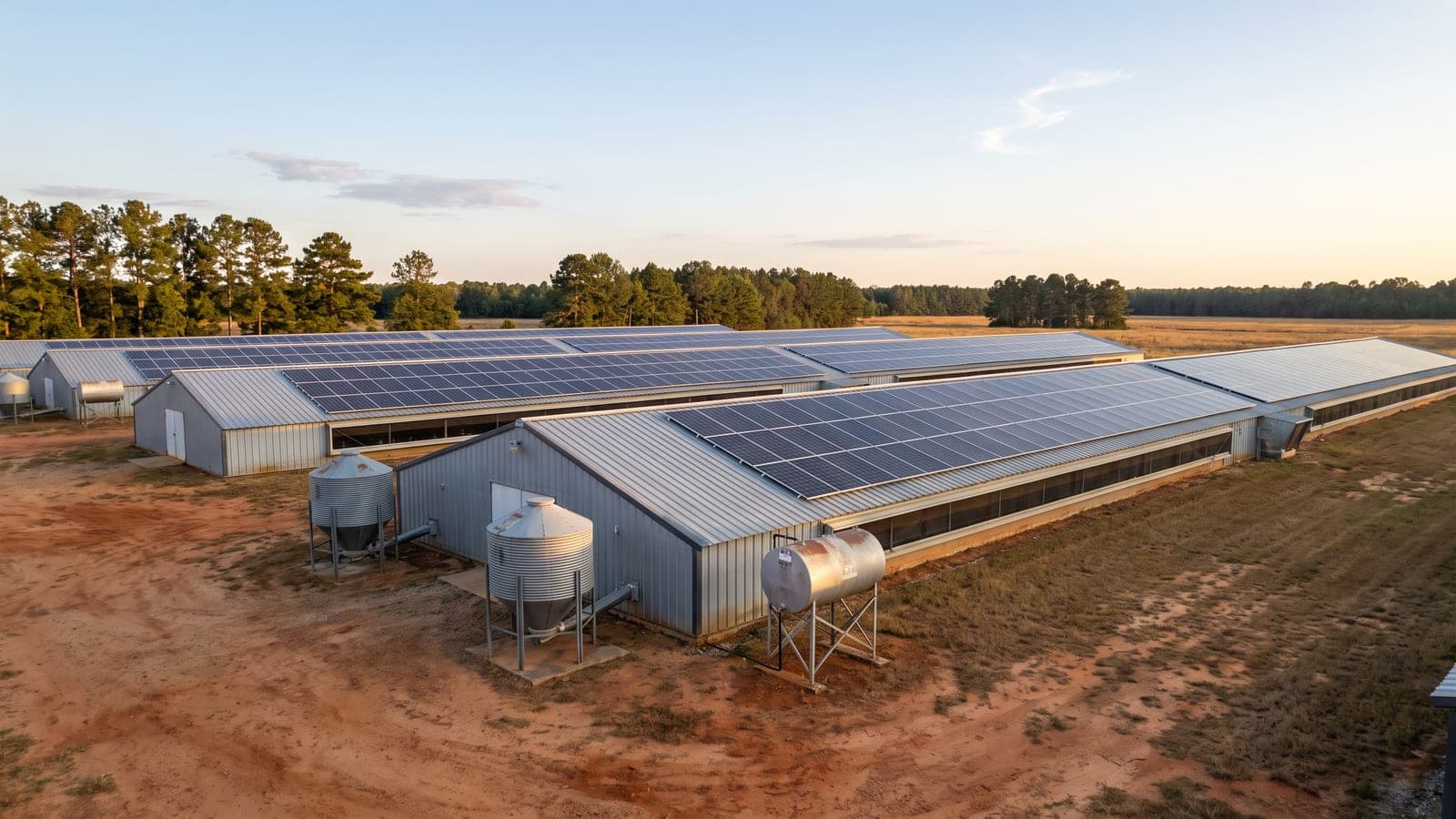 Fuel tank and feed bins beside a row of broiler houses with solar panels on their roofs on a Georgia poultry farm