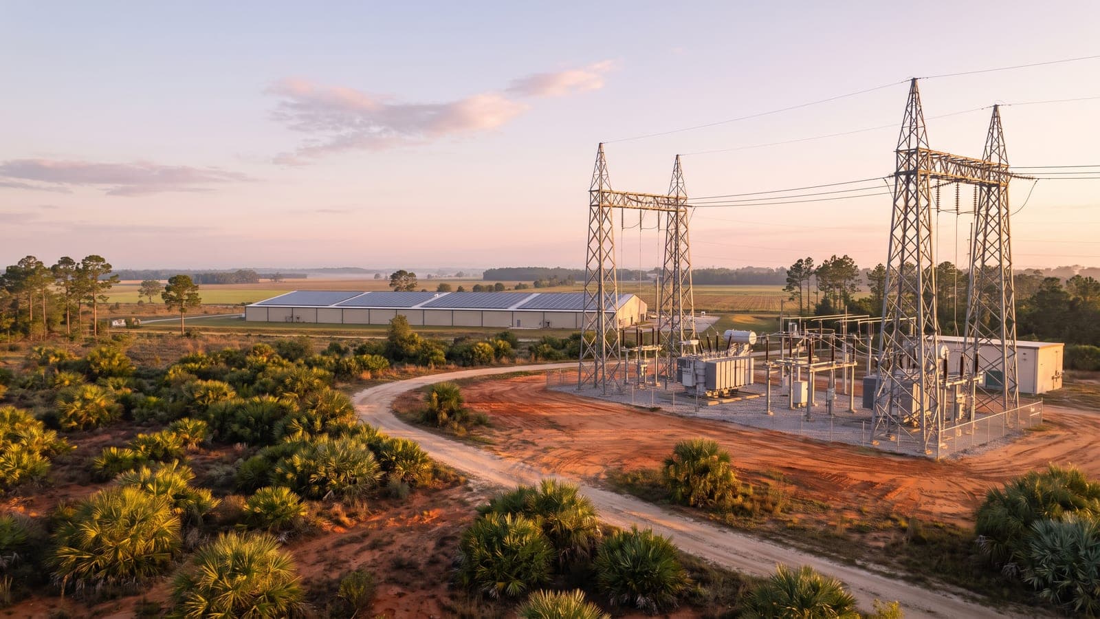 Utility substation at dawn beside a central Florida industrial park with rooftop solar on a nearby warehouse