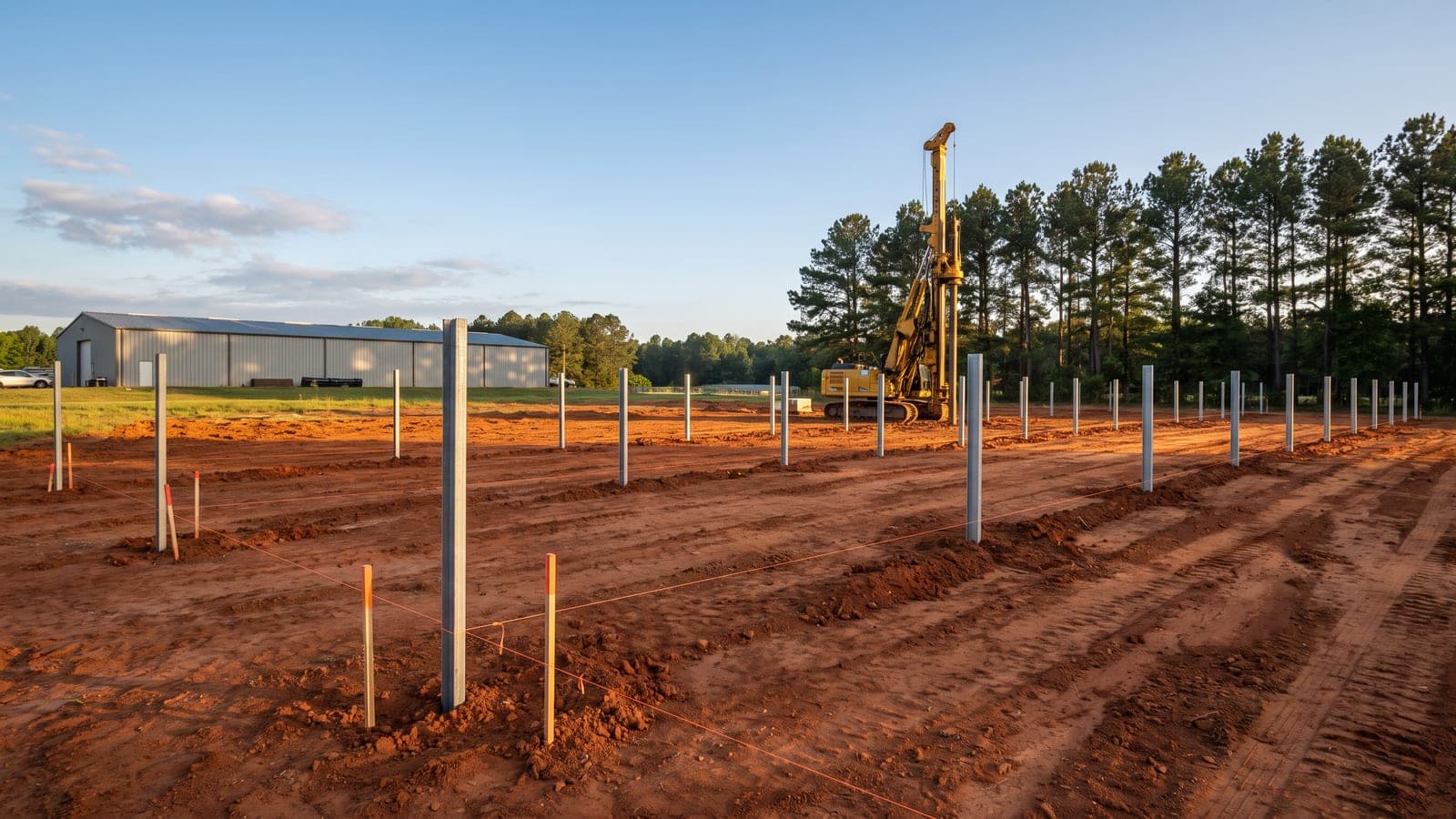 Steel racking posts being set for a ground-mounted solar array on a graded site in south Georgia, with a warehouse behind