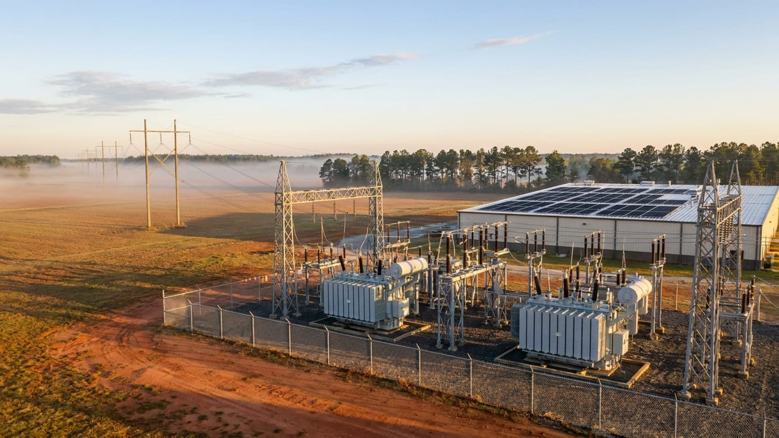 Utility substation and transmission lines at dawn in Georgia, with a commercial building and rooftop solar array behind