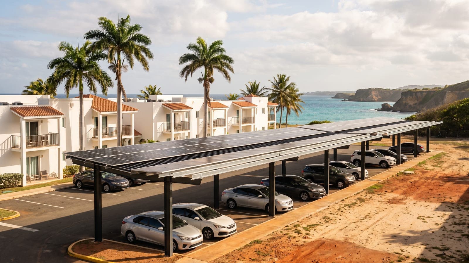 Solar canopy over a hotel parking lot on the northwest coast of Puerto Rico, palms and the sea beyond the low hotel buildings