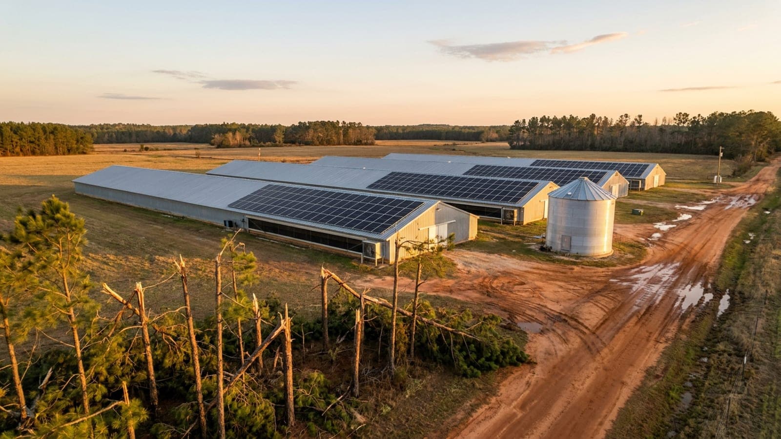 Poultry houses on a south Georgia farm with new solar modules on their roofs, storm-damaged pines at the edge of the field