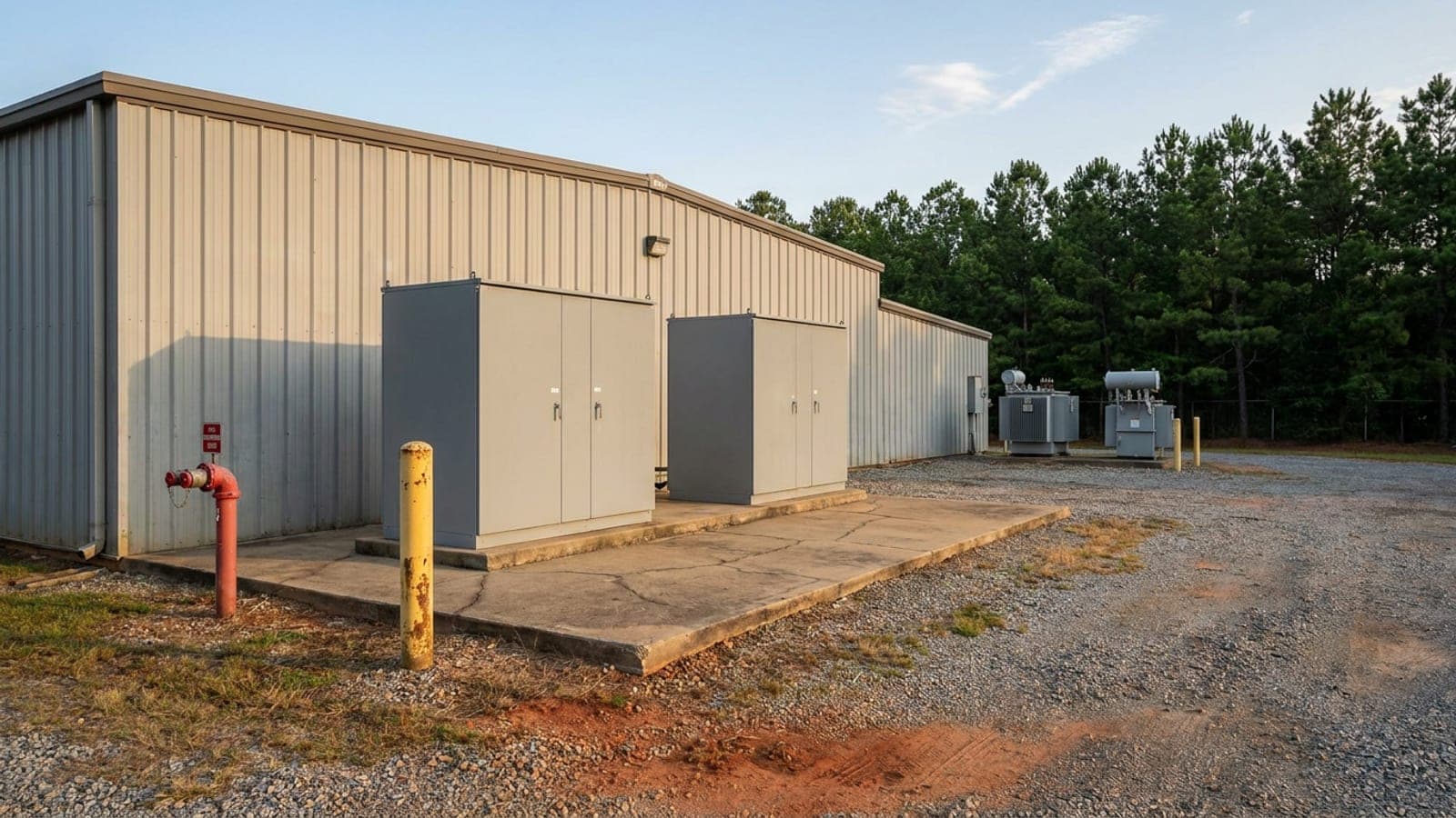 Two outdoor battery storage cabinets on a concrete pad behind a Georgia warehouse, with bollards and utility transformers nearby