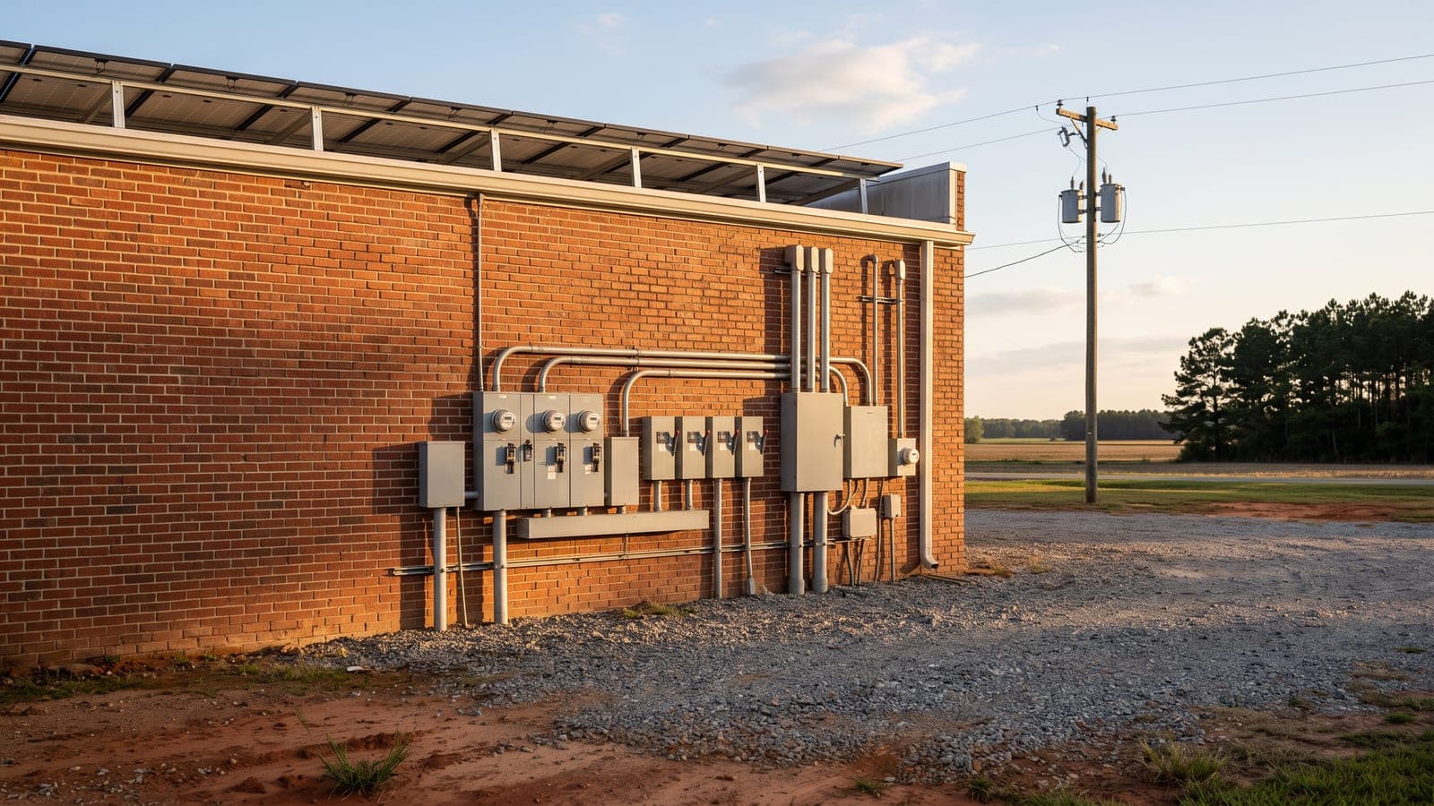 Utility meter bank and disconnect switches on the wall of a North Carolina warehouse with a rooftop solar array above