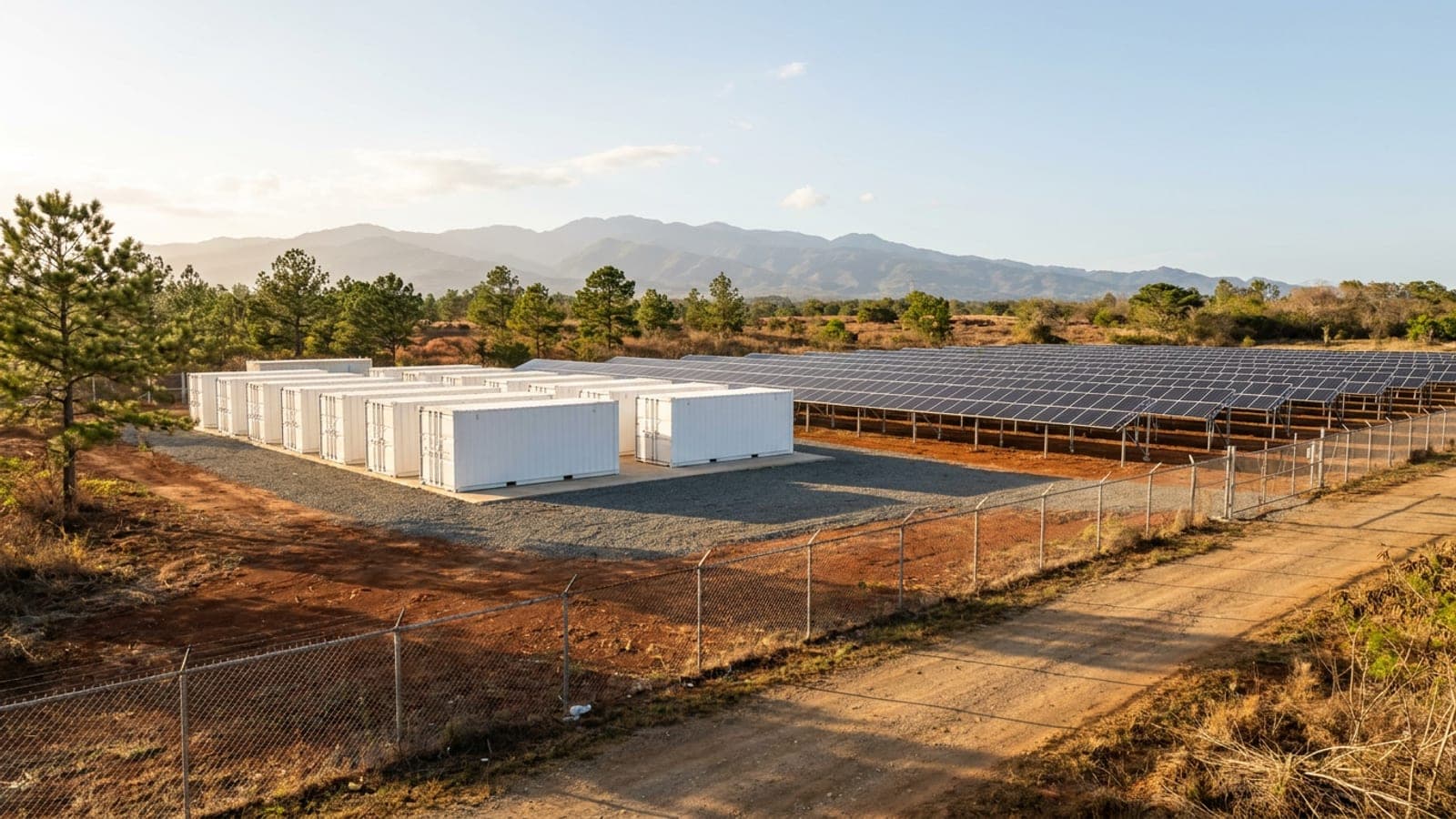 Rows of white battery storage containers beside a solar field on the south coast of Puerto Rico with mountains in the distance