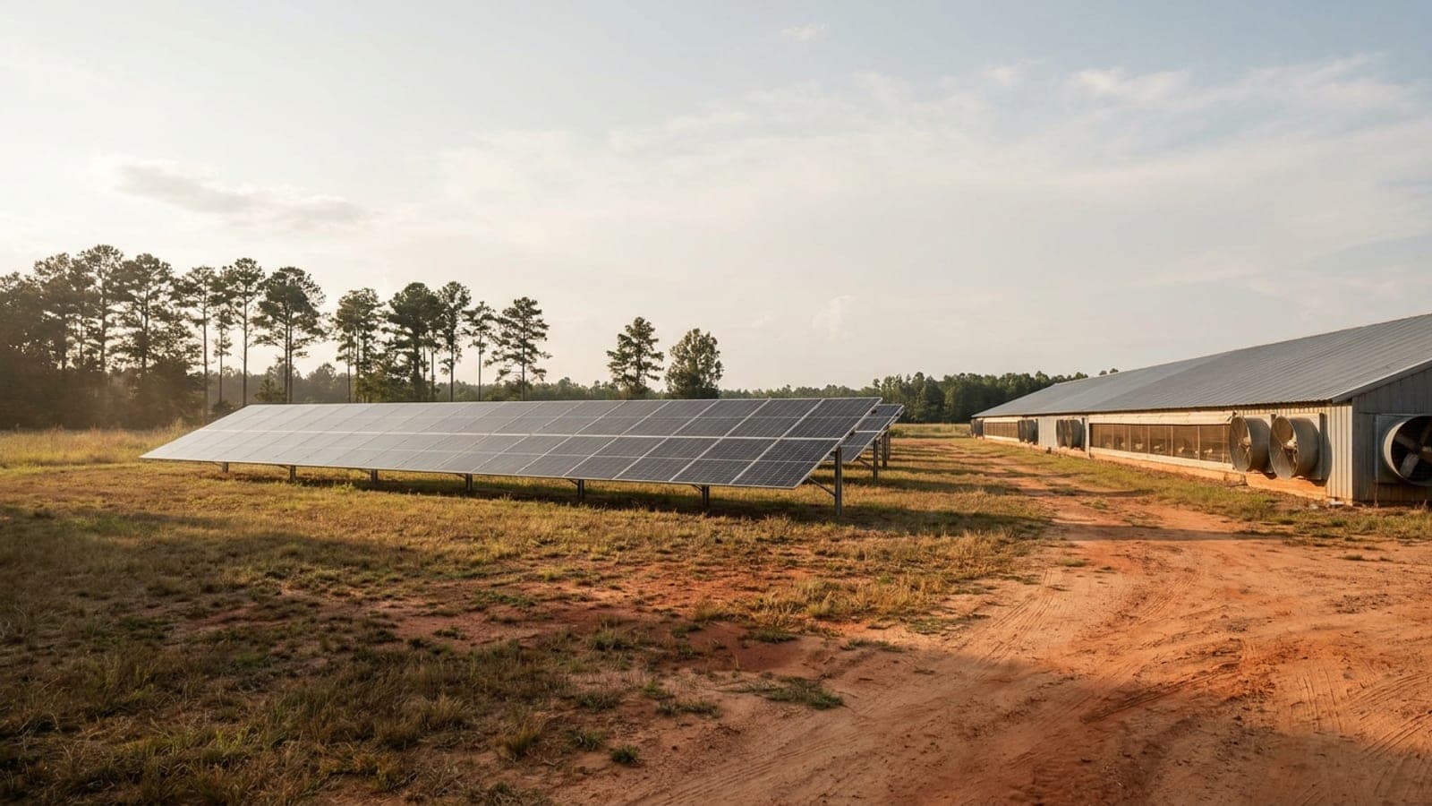 Ground-mounted solar array beside a row of long poultry houses on a farm in rural Georgia under a hazy summer sky