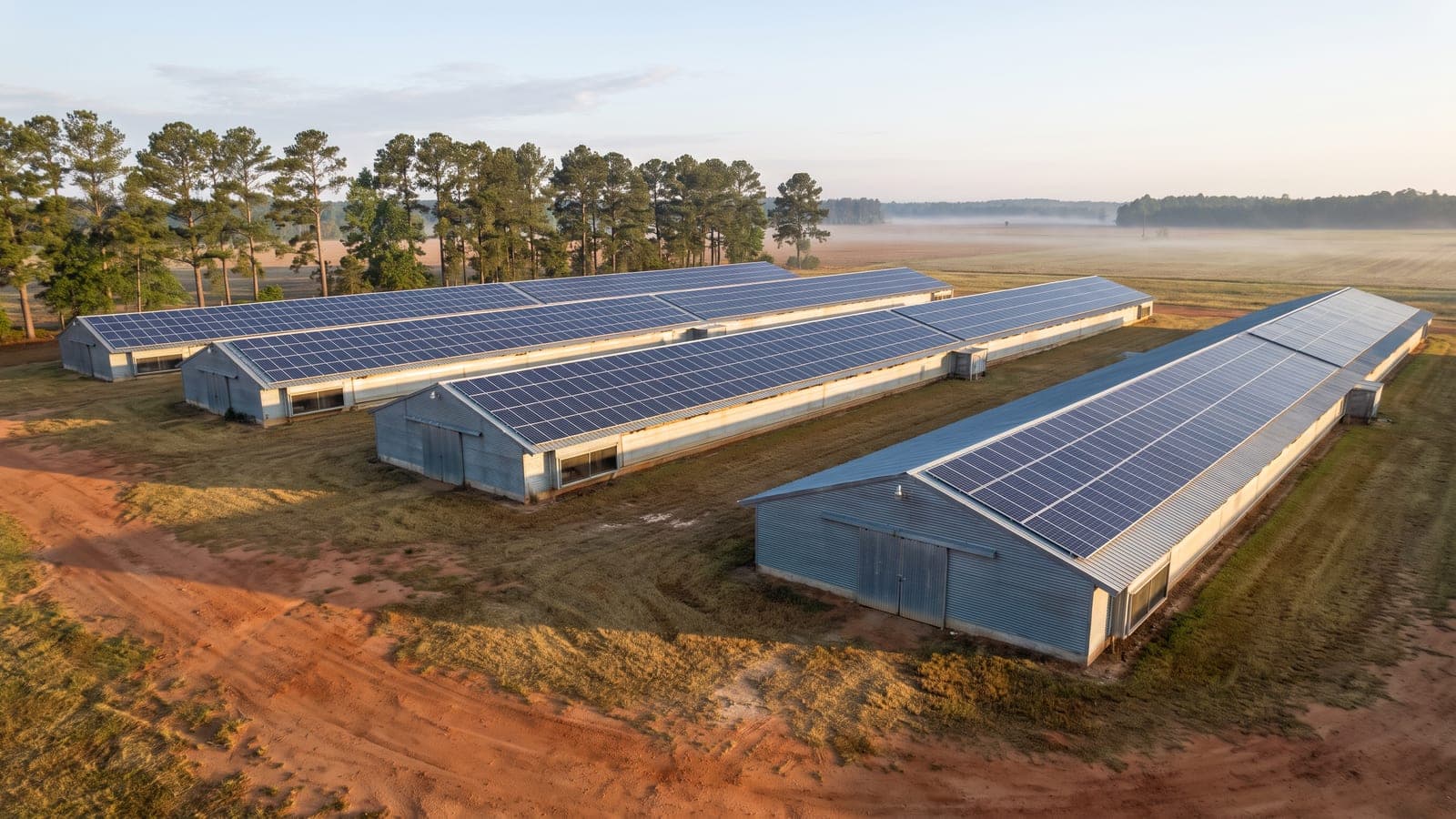 Four long poultry house roofs covered in solar panels on a south Georgia farm at sunrise, with a pine treeline behind
