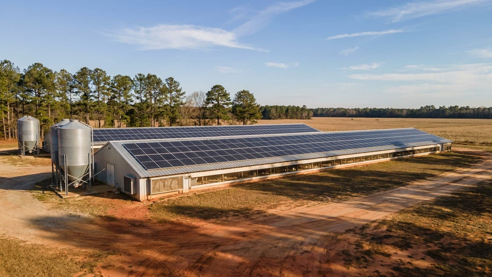 Solar modules mounted on the long metal roof of a Georgia broiler house, with feed bins and a second house behind