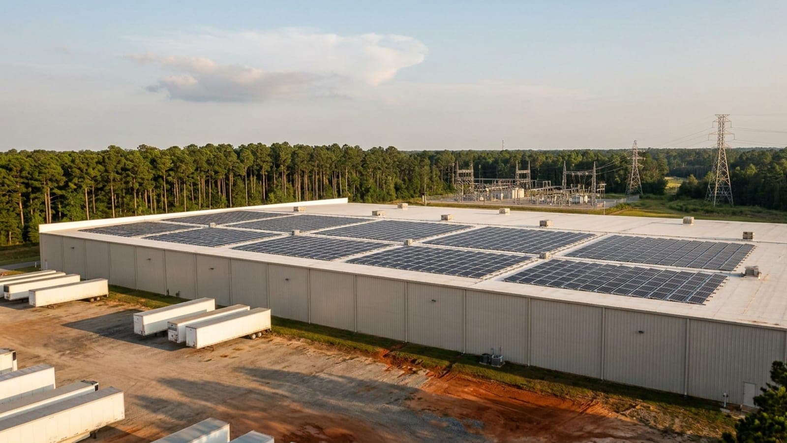 Solar array on the roof of a distribution warehouse in coastal South Carolina with a high-voltage substation visible beyond the tree line