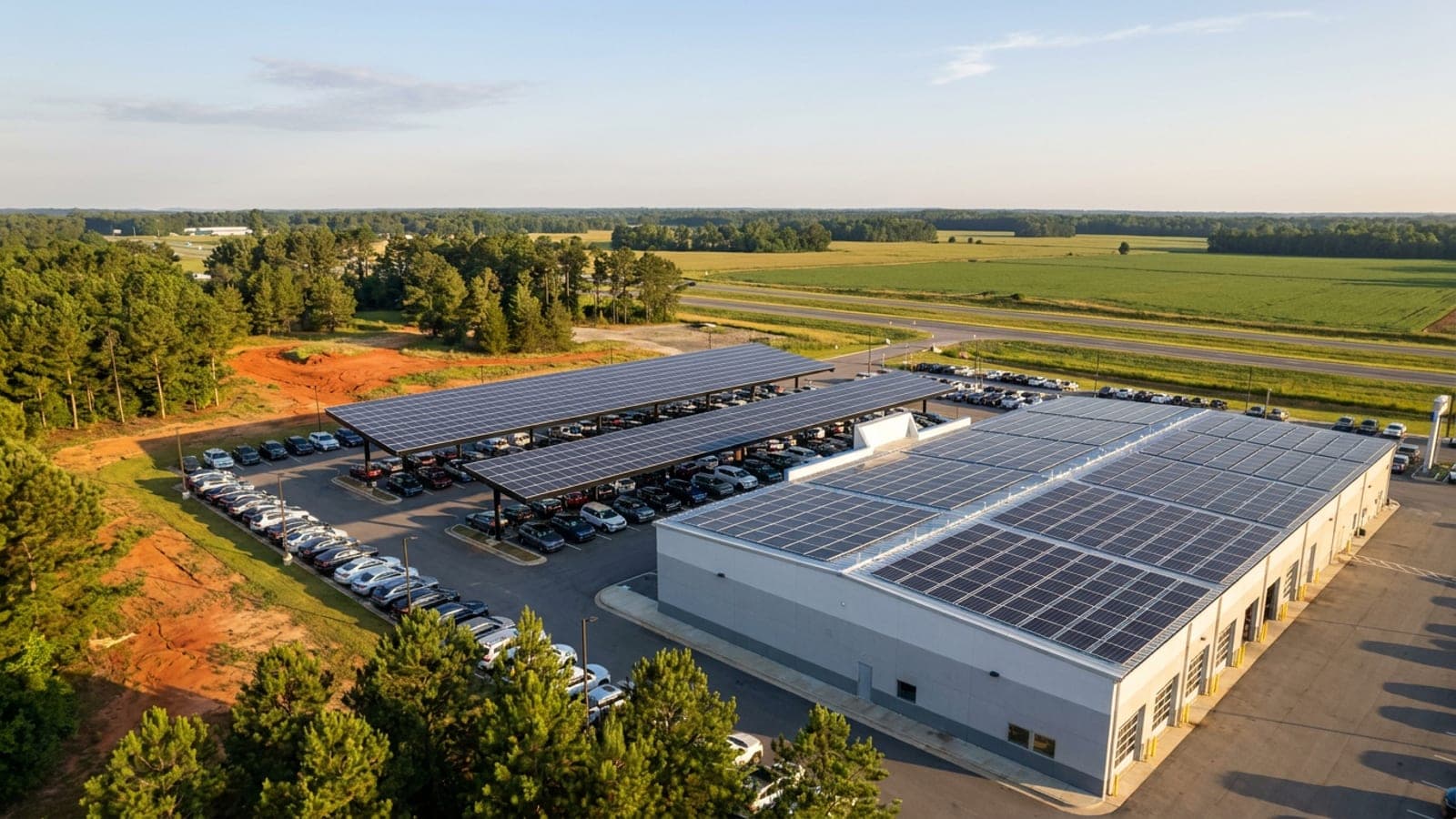 Rooftop solar array over a car dealership service building in Georgia, with the vehicle lot and a canopy visible below