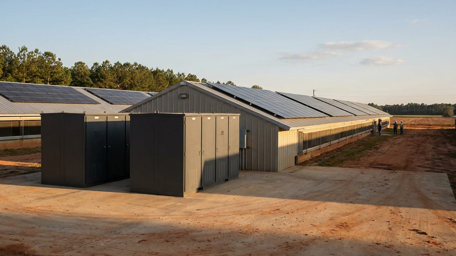 Battery storage cabinets on a concrete pad beside a poultry house with rooftop solar in rural Georgia