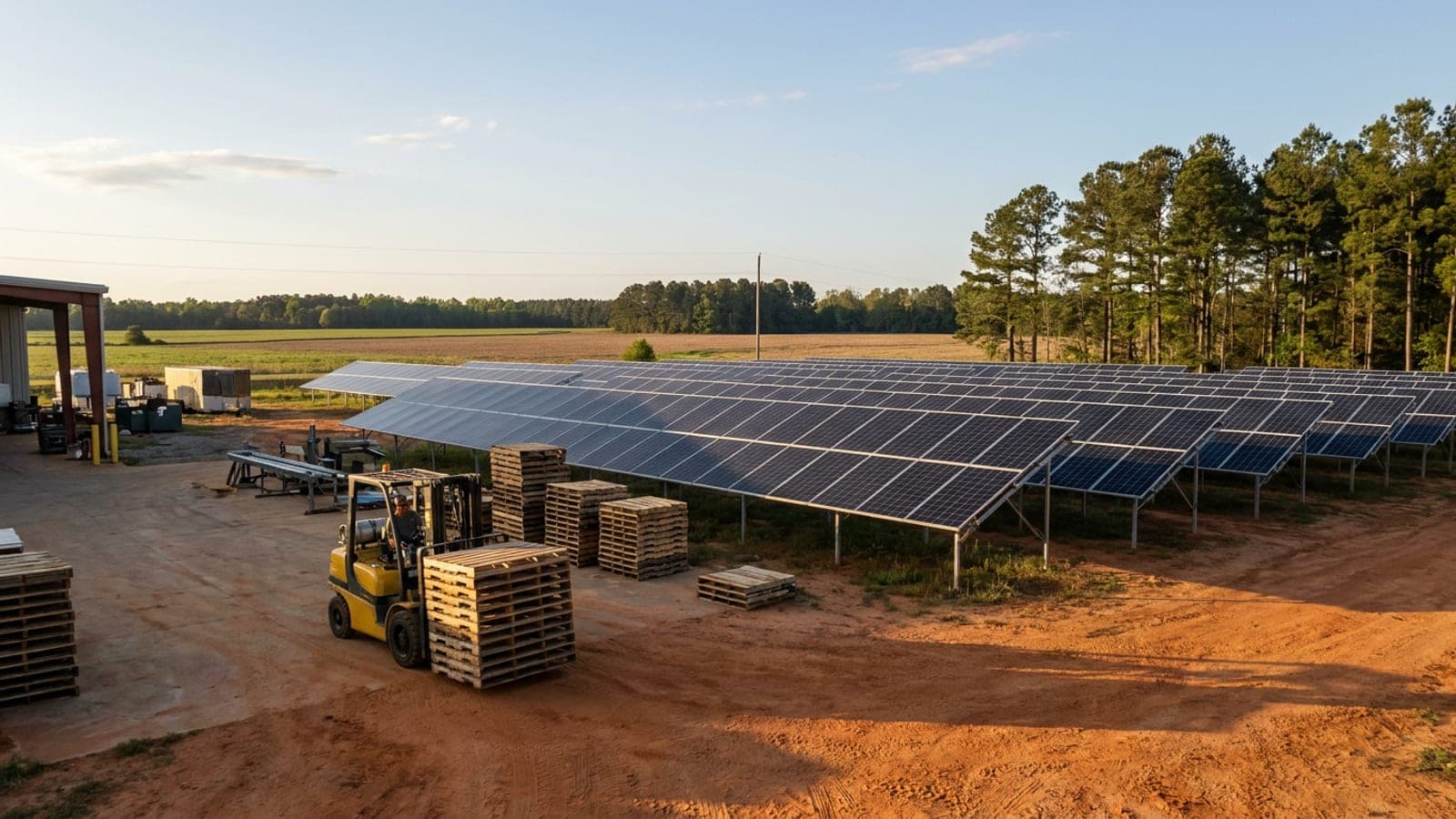 Ground-mounted solar array behind an industrial yard with a forklift and stacked pallets