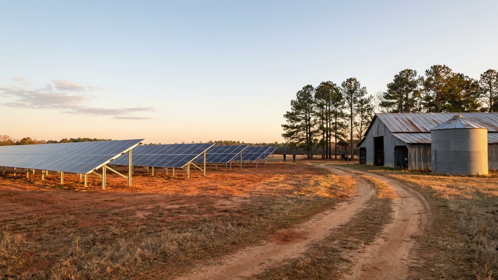 Ground-mounted solar array beside a metal barn and grain bin on a southern farm