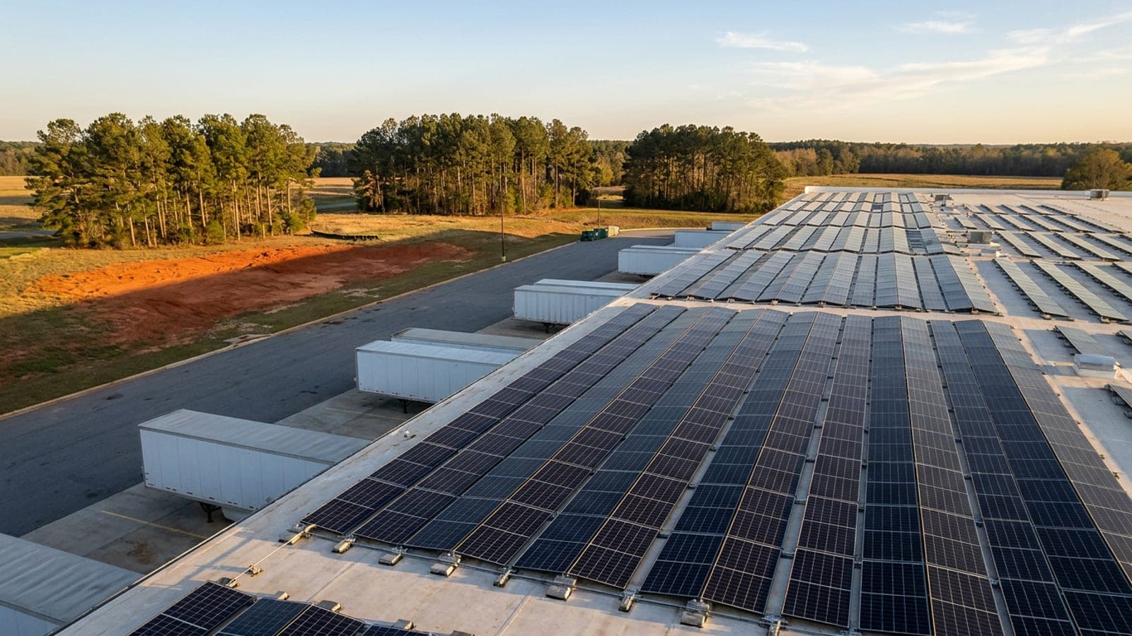 Georgia distribution warehouse with a rooftop solar array and loading docks along one side
