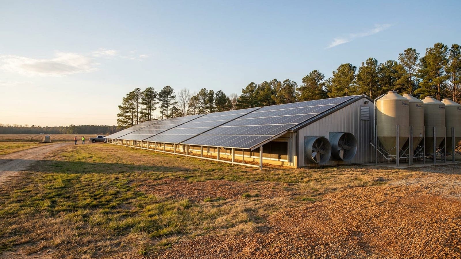 View along a poultry house with rooftop solar modules and feed bins at the far end