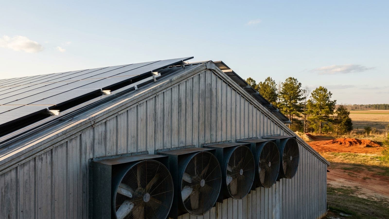 Bank of tunnel ventilation fans on the end wall of a poultry house with rooftop solar above