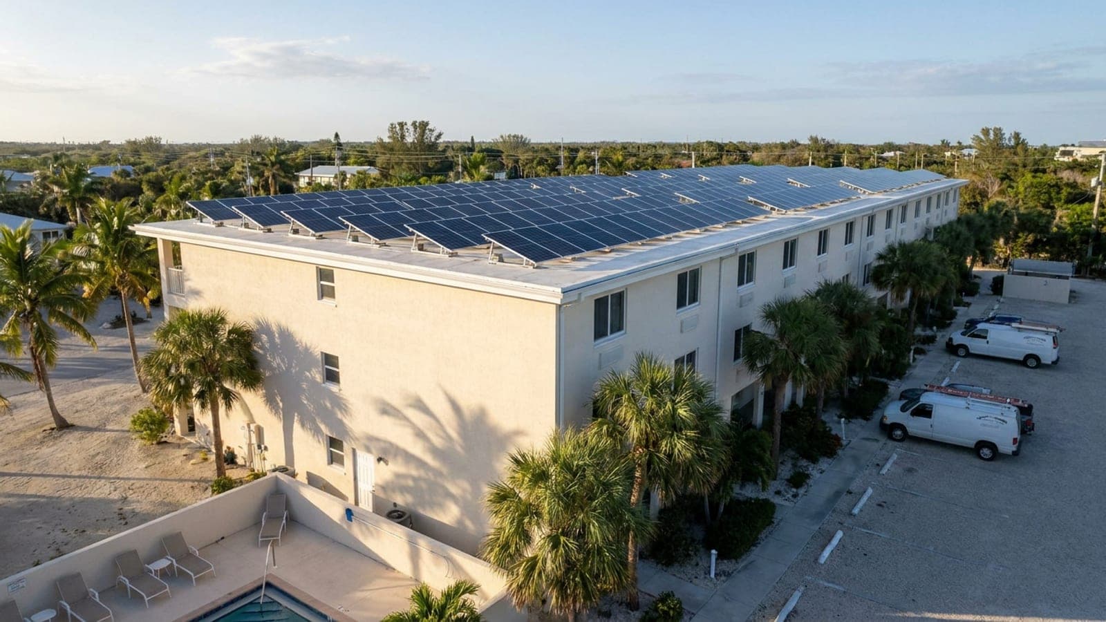 Low-rise resort with rooftop solar modules seen across a pool deck in late afternoon light
