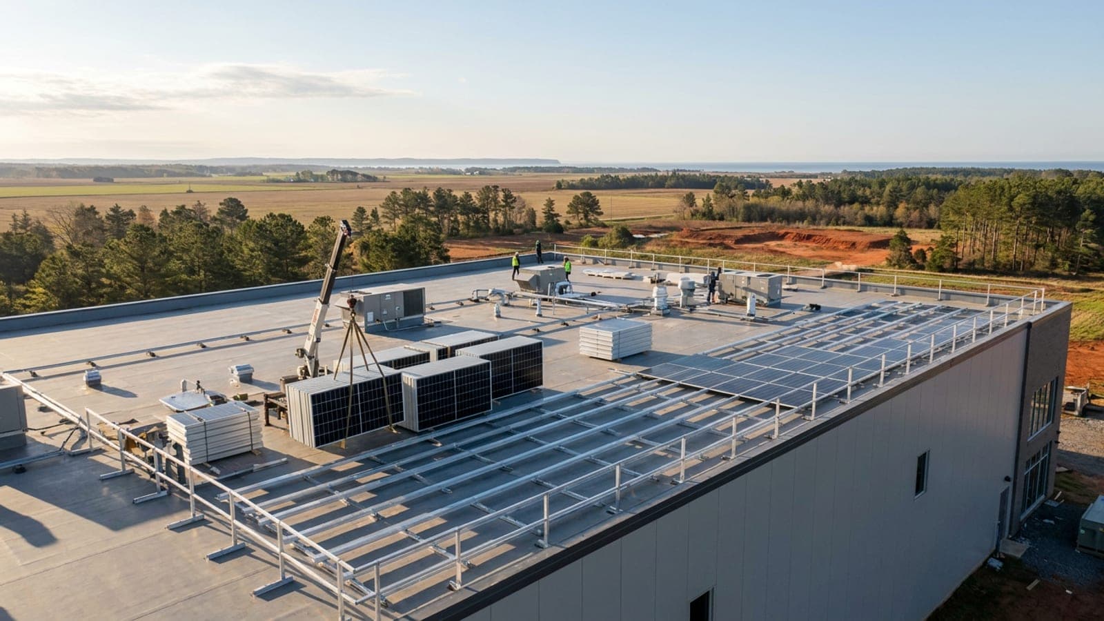 Solar installation underway on the roof of an operating building, with edge protection and rooftop mechanical units