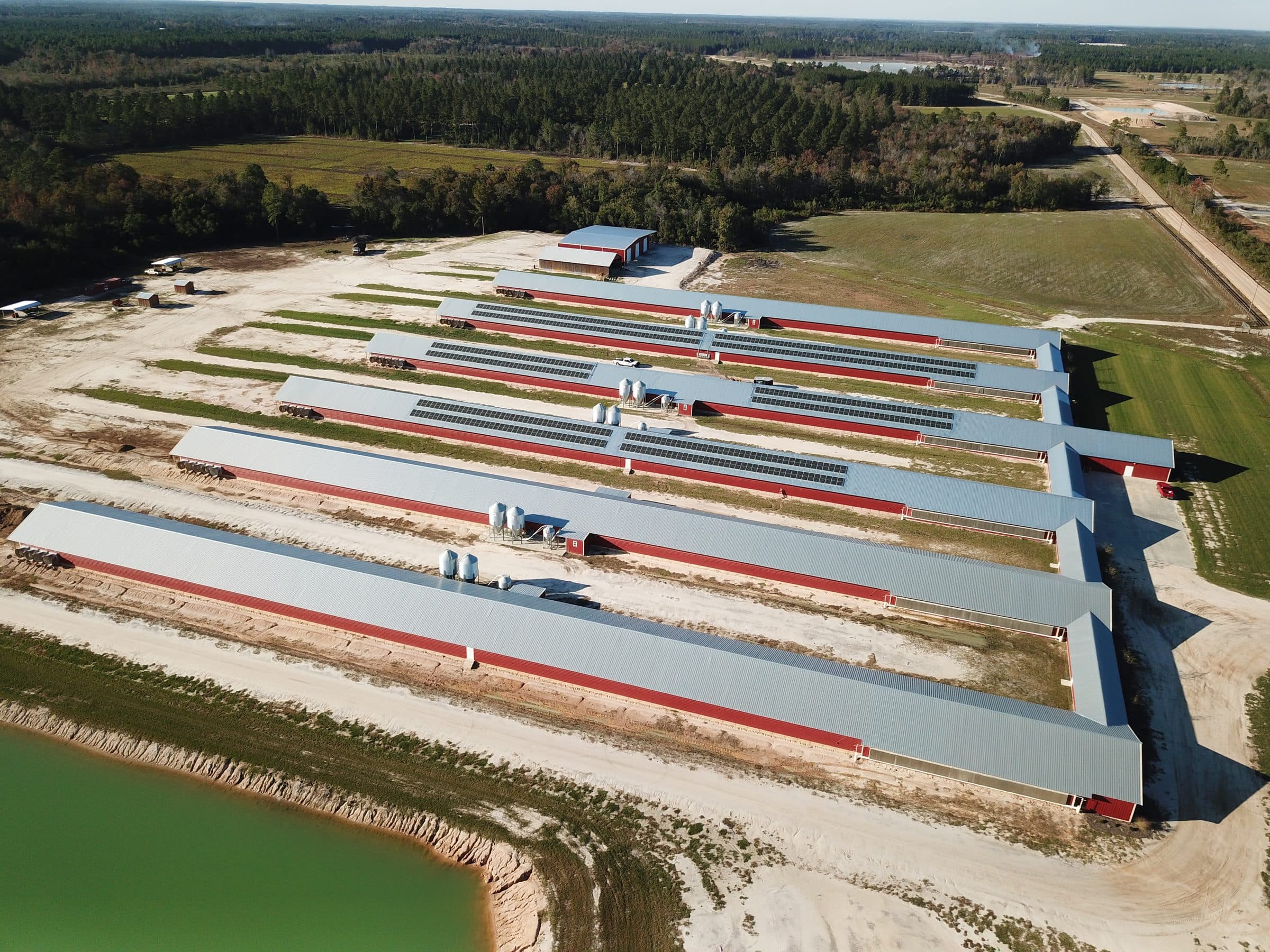Aerial view of the 210 kW rooftop solar array OneWorld Solar installed across six poultry breeder houses in southeast Georgia