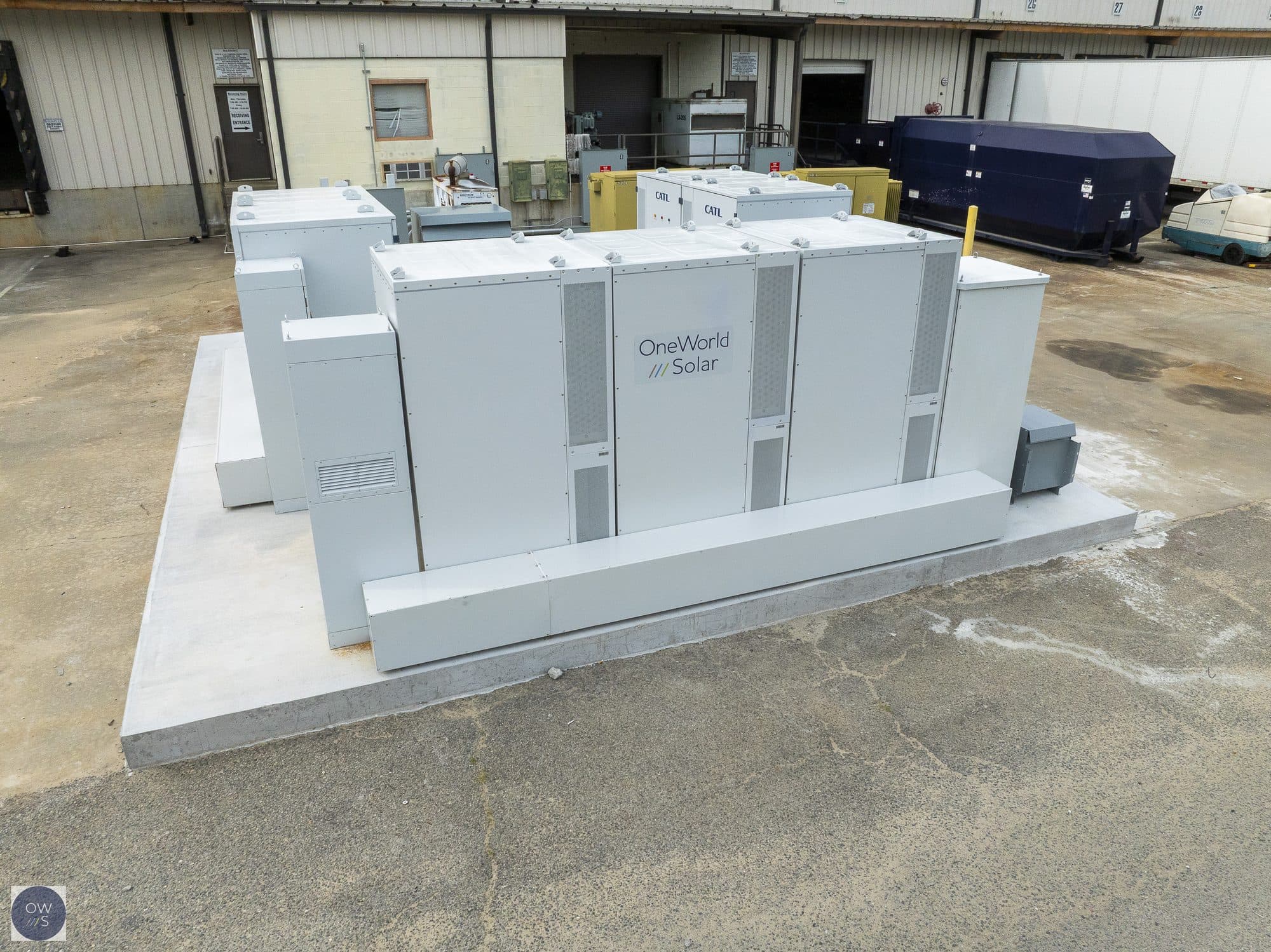 BatteryCube outdoor battery cabinets with CATL cells installed by OneWorld Solar at the Samsonite and TUMI facility in Vidalia, Georgia