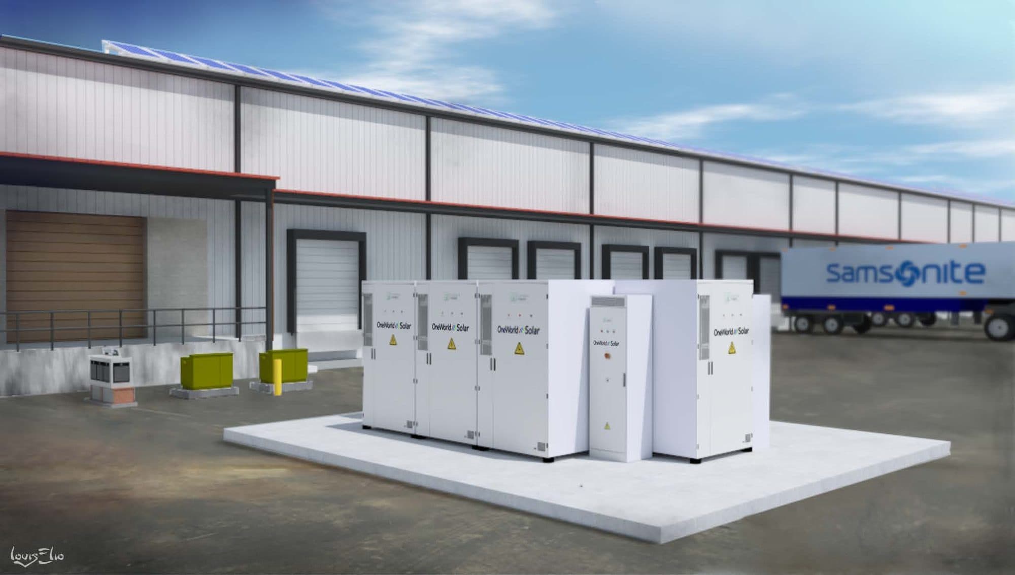 Concept rendering produced by OneWorld Solar showing the planned rooftop solar layout across the Samsonite and TUMI distribution center