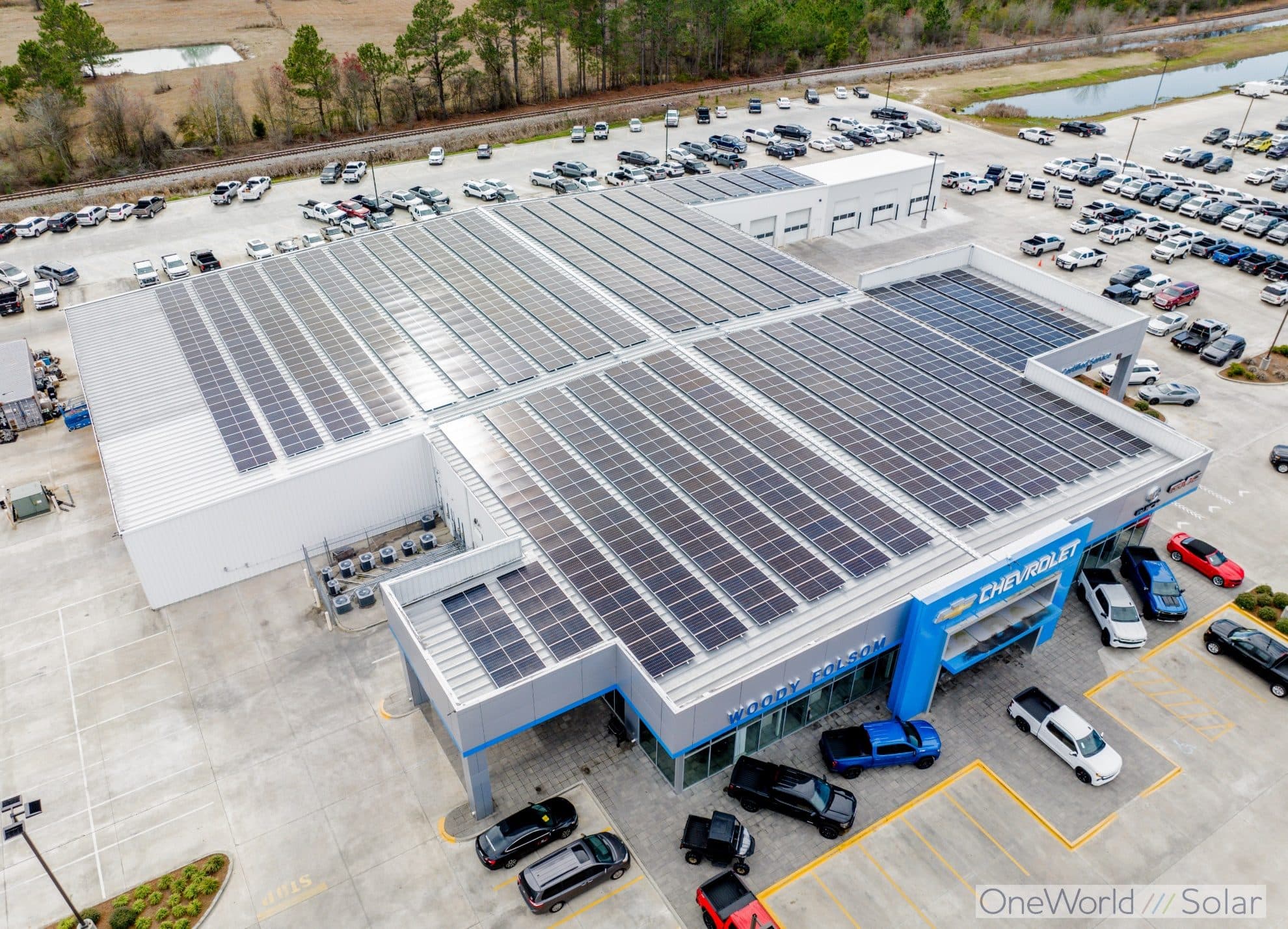 Rooftop solar array installed by OneWorld Solar on the Woody Folsom Chevrolet dealership in Georgia, seen from above