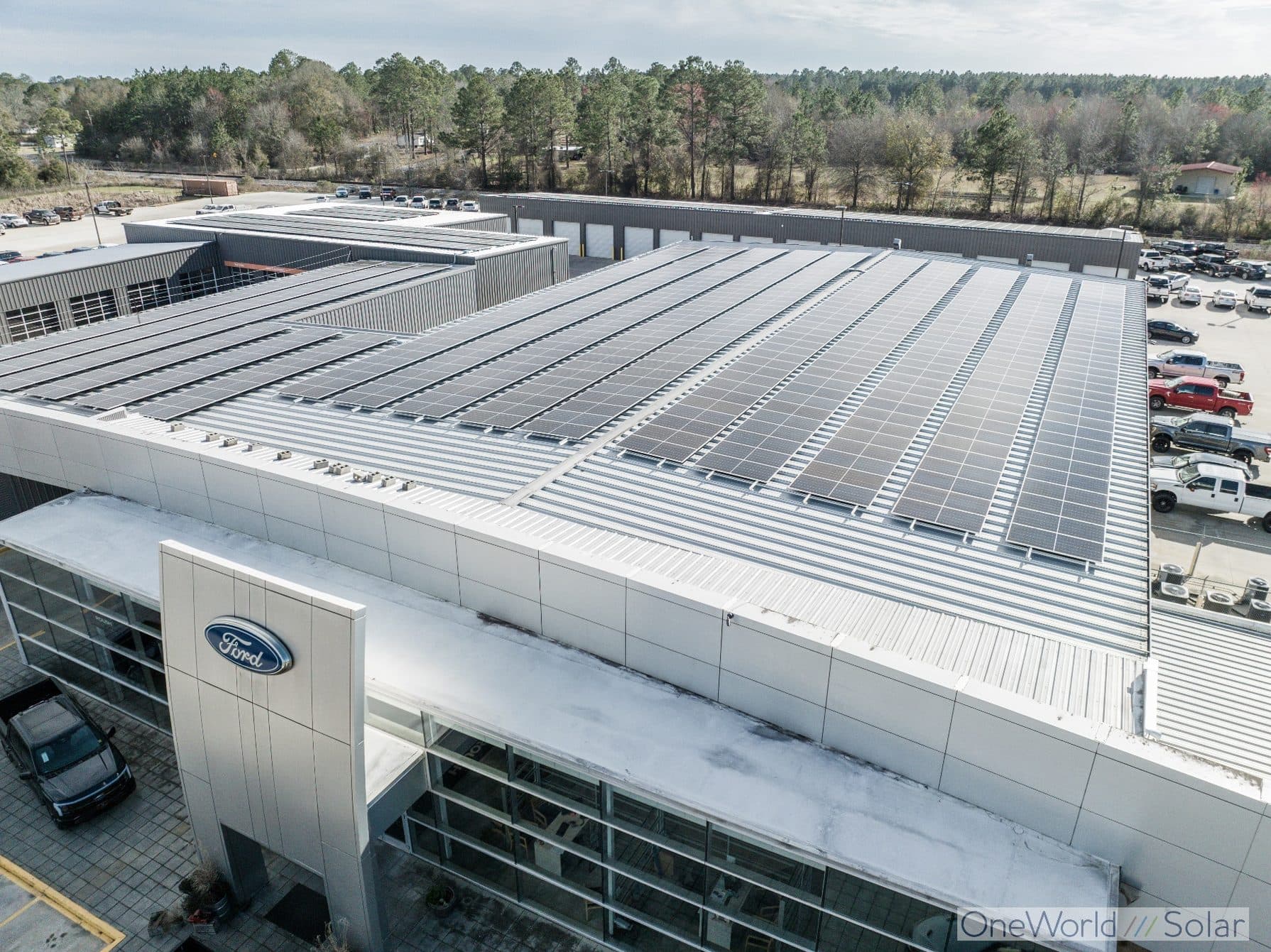 Rooftop solar array installed by OneWorld Solar on the Woody Folsom Ford dealership in Georgia